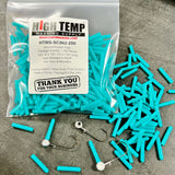 Bag of turquoise silicone rubber caps with fishing hooks on a gray surface, featuring High Temp Masking Supply branding.